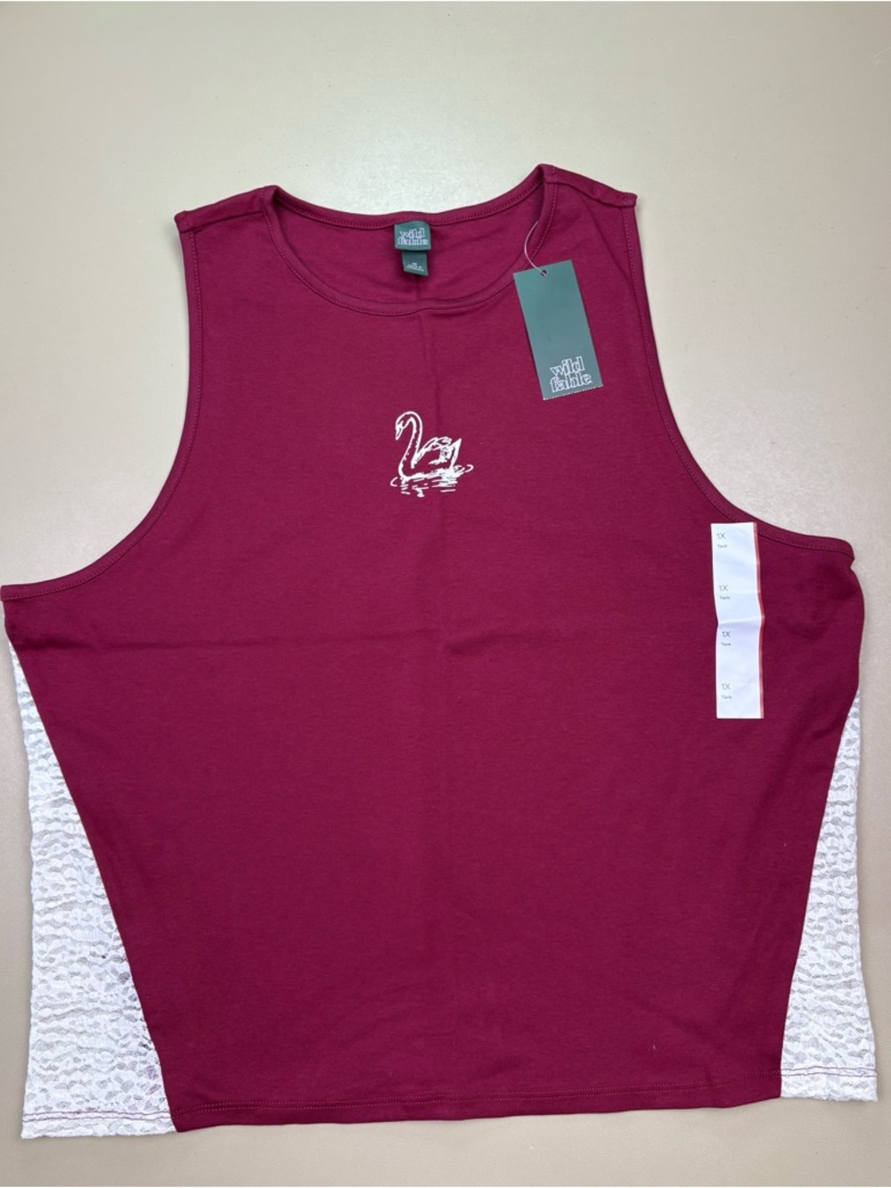 Wild Fable Burgundy Swan Graphic Tank Top Lace Side Panel 1X NWT